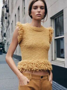 Zara Mustard Yellow Ruffle Trim Textured Fuzzy Knit Vest Top, Size Small